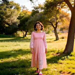 Antica Sartoria Off The Shoulder Boho Pink hippie Maxi Dress one size small